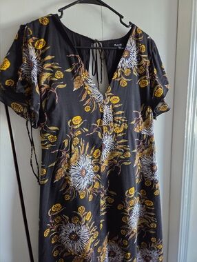 Madewell Black Floral V-Neck Dress with Yellow Accents